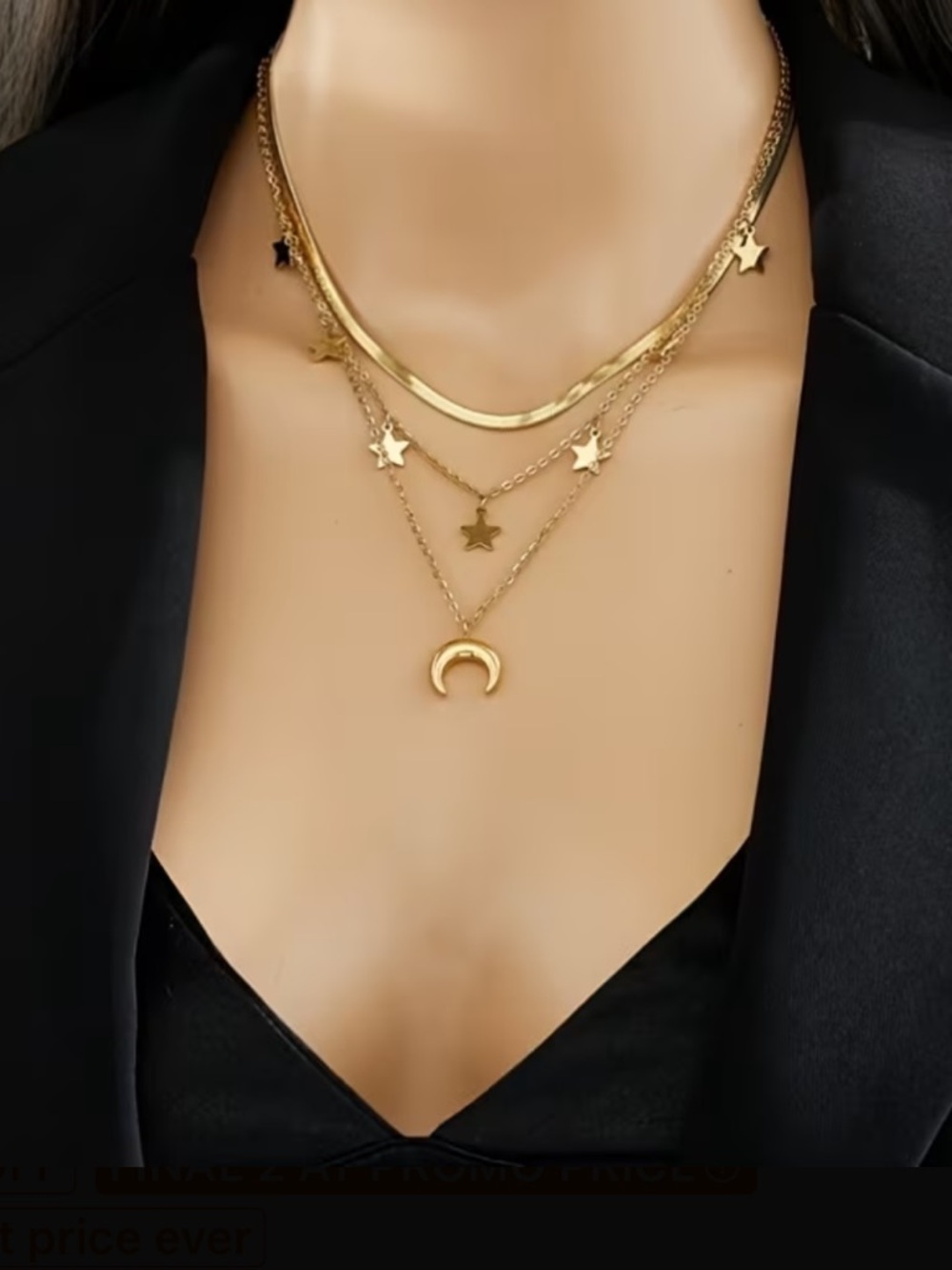 Stainless Steel Gold Star & Crescent Layered Necklace - Picture 2 of 3